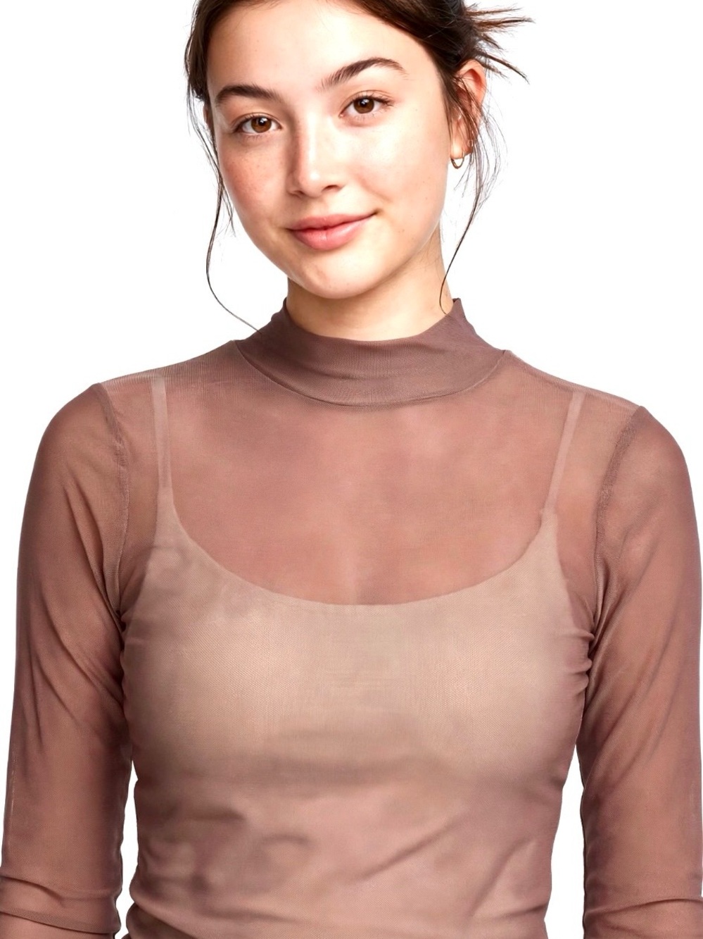 Wild Fable Women's Sheer Mock Neck Top in Mocha Brown XXS NWT